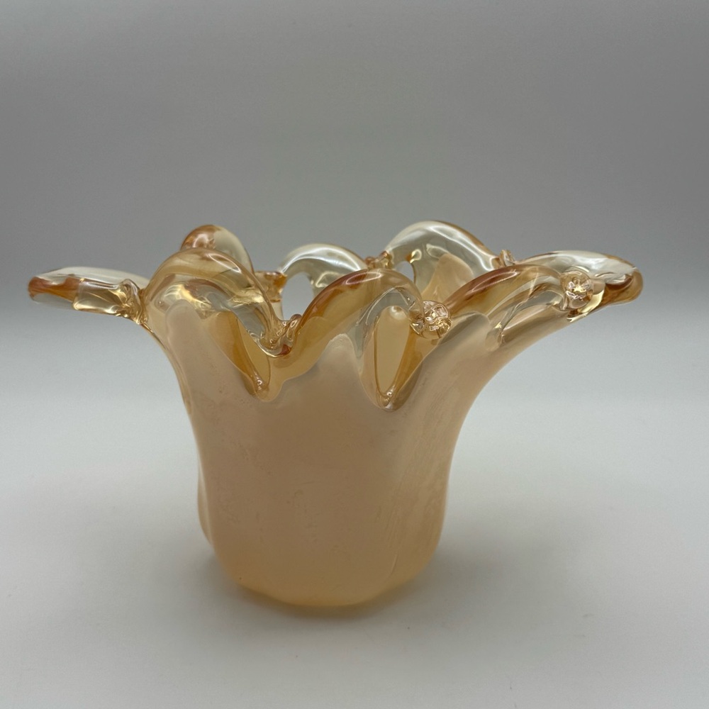 Vintage Murano Art Glass Vase White Crystal Hand Made in Italy Amber Ruffled Rim